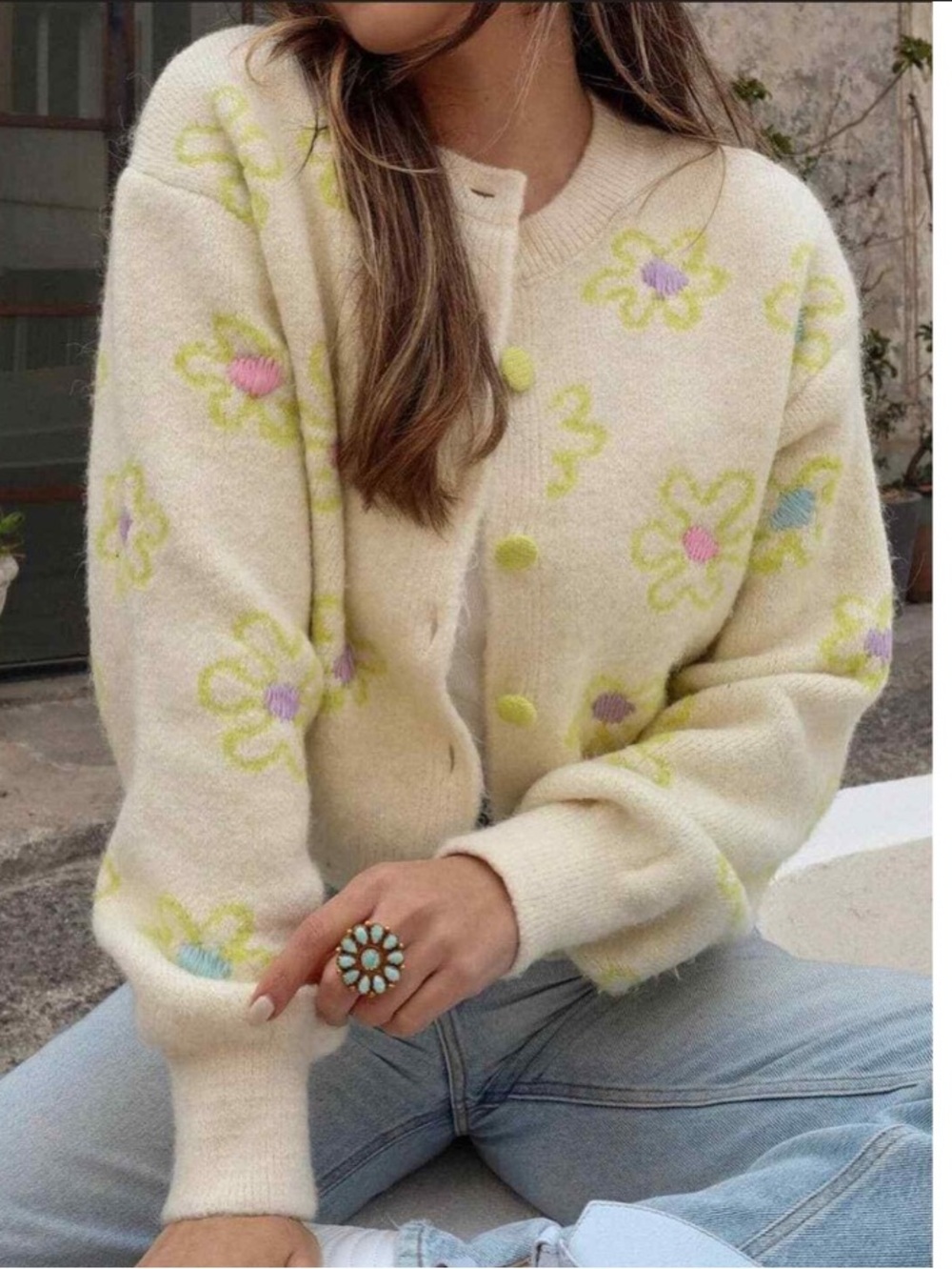 ZARA Floral Embroidered Button Down Cardigan Sweater Fuzzy Size L